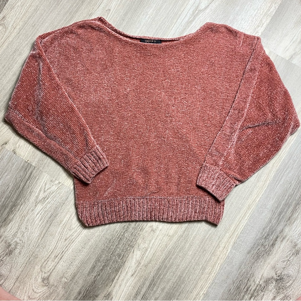 A26 Forever 21 Velour Chunky Knit Sweater Crop Pink/Salmon Soft Warm Sz Medium